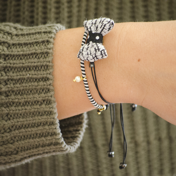 Bow Bracelets Set Black&White - βραχιόλι, βραχιόλια, σετ, set, χειροποίητα, ημιπολύτιμες πέτρες, romantic, φιόγκος, πουά, ύφασμα, νήμα, ημιπολύτιμες πέτρες, αιματίτης, πουά, κορδόνια, αυξομειούμενα, charms, σετ κοσμημάτων, χεριού - 2