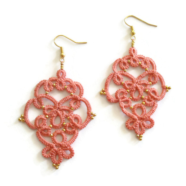 Salmon pink lace earrings - πλάτης, μακραμέ, κρεμαστά, γάντζος, πλεκτά - 2