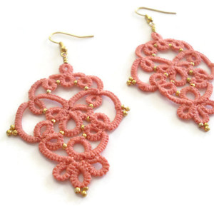 Salmon pink lace earrings - πλάτης, μακραμέ, κρεμαστά, γάντζος, πλεκτά - 5