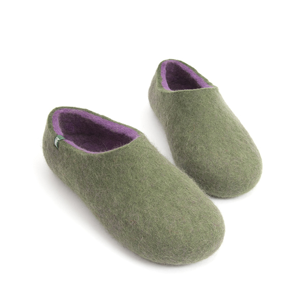 Wooppers γυναικείες τσόχινες παντόφλες DUAL OLIVE GREEN λιλά με λαστιχένιες σόλες. - μαλλί, μαλλί, τσόχα, χειροποίητα - 2