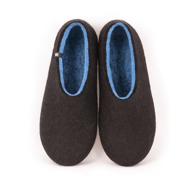Wooppers αντρικές τσόχινες παντόφλες DUAL BLACK θαλασσί με λαστιχένιες σόλες. - μαλλί, μαλλί, τσόχα, χειροποίητα