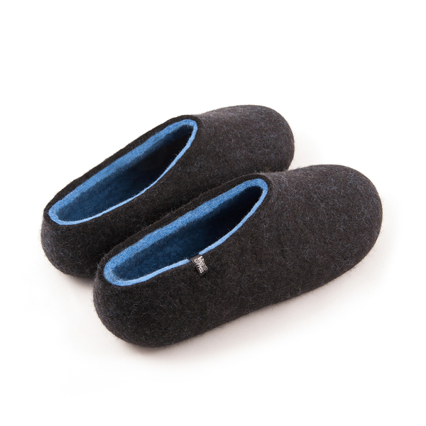 Wooppers αντρικές τσόχινες παντόφλες DUAL BLACK θαλασσί με λαστιχένιες σόλες. - μαλλί, μαλλί, τσόχα, χειροποίητα - 4