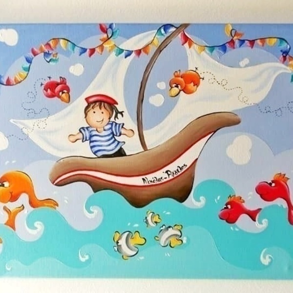Χειροποίητος πίνακας ζωγραφισμένος με ακρυλικά χρώματα. Ναυτάκι! - ζωγραφισμένα στο χέρι, καμβάς, αγόρι, ψάρι, ακρυλικό, χειροποίητα, δωμάτιο, θάλασσα, δωράκι, ζωάκια, παιδικοί πίνακες
