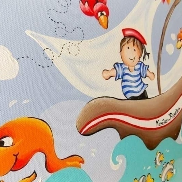 Χειροποίητος πίνακας ζωγραφισμένος με ακρυλικά χρώματα. Ναυτάκι! - ζωγραφισμένα στο χέρι, καμβάς, αγόρι, ψάρι, ακρυλικό, χειροποίητα, δωμάτιο, θάλασσα, δωράκι, ζωάκια, παιδικοί πίνακες - 2