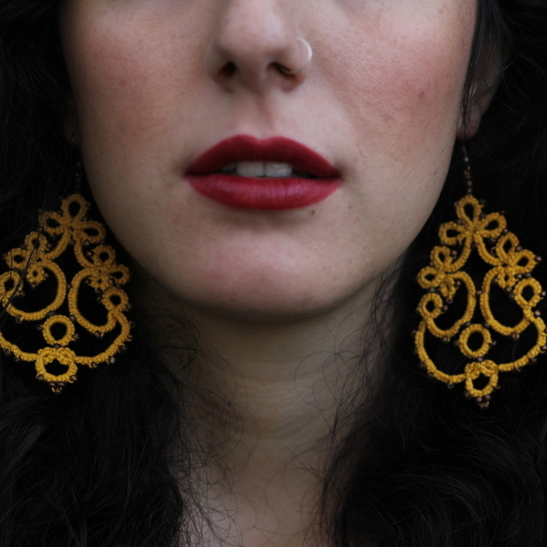 Statement lace yellow earrings - statement, πλάτης, μακραμέ, κορδόνια, boho, ethnic, κρεμαστά, γάντζος, πλεκτά - 2