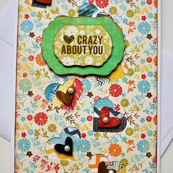 Κάρτα " Crazy about you" - ξύλο, καρδιά, χαρτί, δώρο, αγάπη, δώρα, δωράκι, είδη δώρου, ερωτευμένοι, πέρλες, ζευγάρια