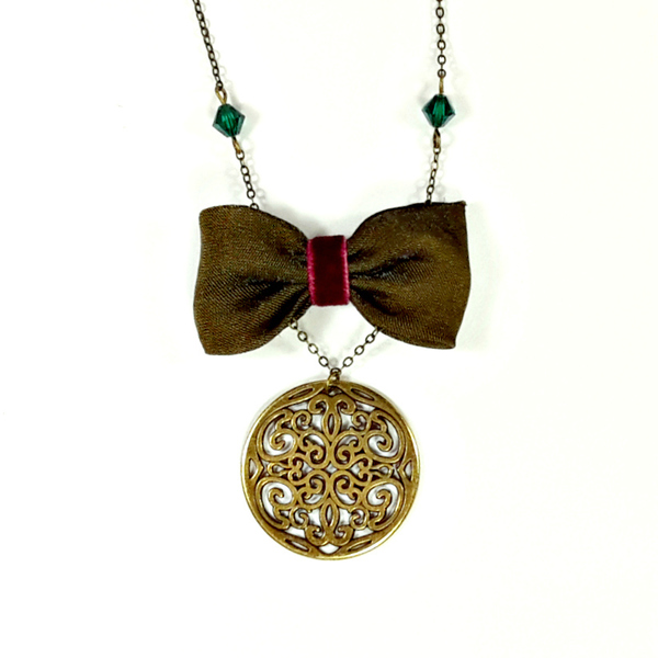 Romantic vintage necklace Olive Green - μακριά, μπρούντζος, faux bijoux, μενταγιόν