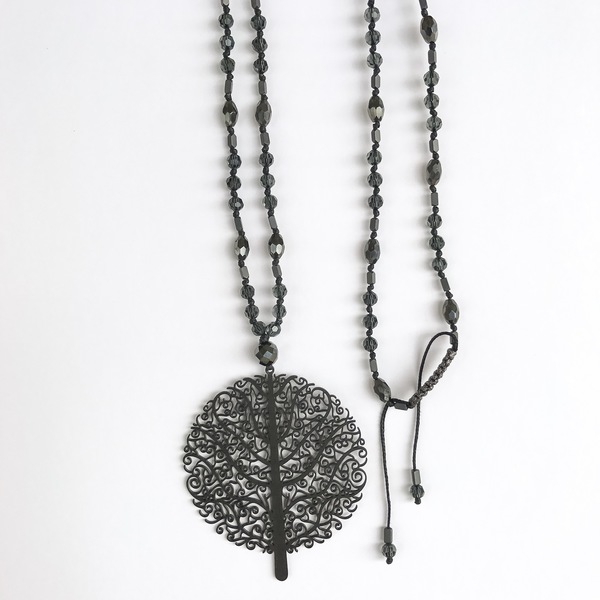 Tree of Life steel pendant - κερωμένα κορδόνια, μοναδικό, μοντέρνο, κρύσταλλα, μακρύ, αιματίτης, κολιέ, χειροποίητα, must αξεσουάρ, ατσάλι