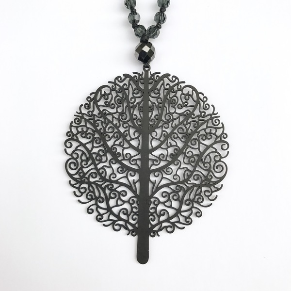 Tree of Life steel pendant - κερωμένα κορδόνια, μοναδικό, μοντέρνο, κρύσταλλα, μακρύ, αιματίτης, κολιέ, χειροποίητα, must αξεσουάρ, ατσάλι - 2