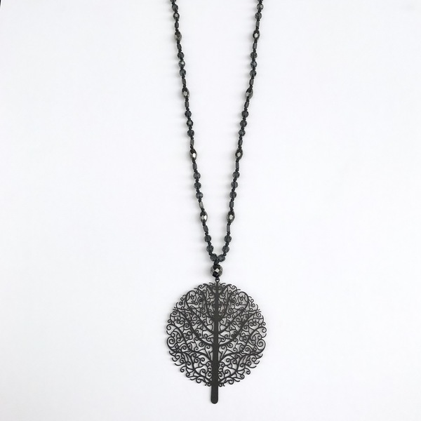 Tree of Life steel pendant - κερωμένα κορδόνια, μοναδικό, μοντέρνο, κρύσταλλα, μακρύ, αιματίτης, κολιέ, χειροποίητα, must αξεσουάρ, ατσάλι - 3