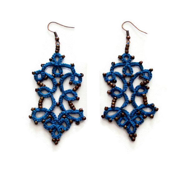 Boho blue lace earrings - μπλε, statement, βαμβάκι, ορείχαλκος, μακραμέ, σκουλαρίκια, χάντρες, χάντρες, γυναίκα, boho, ethnic, γάντζος, πλεκτά