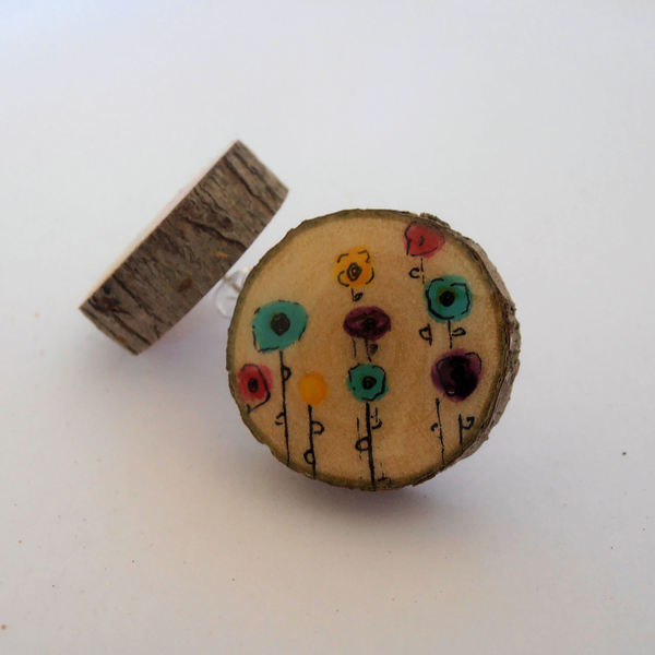 Stud earrings "Poppies". - chic, ξύλο, γυαλί, ζωγραφισμένα στο χέρι, μοναδικό, δώρο, λουλούδια, αγάπη, πρωτότυπο, σκουλαρίκια, unique - 2