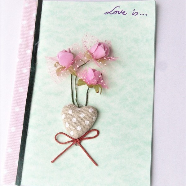 Love is...χειροποίητη κάρτα με λουλούδια! - κερωμένα κορδόνια, λουλούδια, αγάπη, κορδόνια, σε αγαπώ
