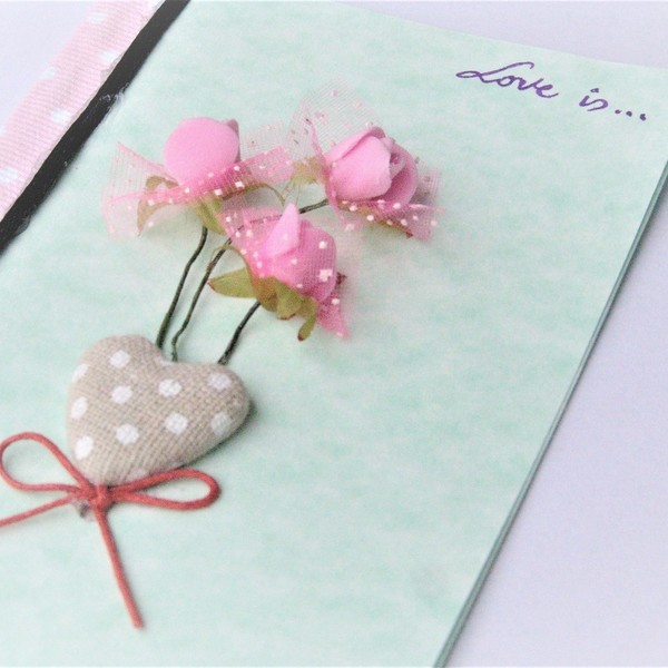 Love is...χειροποίητη κάρτα με λουλούδια! - κερωμένα κορδόνια, λουλούδια, αγάπη, κορδόνια, σε αγαπώ - 5