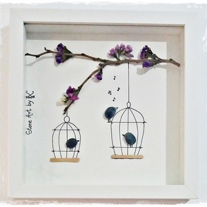 NEW!!! Stone Art "...Birds in a cage" - ξύλο, γυαλί, ιδιαίτερο, μοναδικό, μοντέρνο, πίνακες & κάδρα, επιτοίχιο, πρωτότυπο, χειροποίητα, πέτρες, πέτρες, δώρα γάμου, δωράκι, minimal