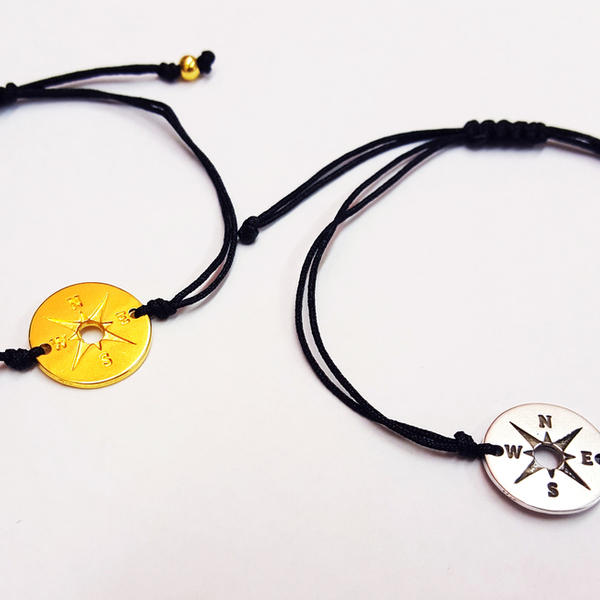 Σετ βραχιολιών πυξίδα - Compass bracelet set - επιχρυσωμένα, επάργυρα, δώρο, κουτί, αγάπη, μέταλλο, βραχιόλια, κορδόνια, χειροποίητα, minimal, σετ, κοσμήματα, ζευγάρια, δώρα αγίου βαλεντίνου, αυξομειούμενα - 2