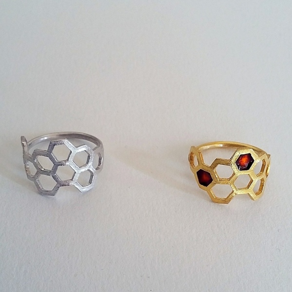 Honeycomb ring-Ασημένιο Δαχτυλίδι Κηρήθρα - επιχρυσωμένα, επιχρυσωμένα, ασήμι 925, σμάλτος, γεωμετρικά σχέδια, χειροποίητα, minimal, ασημένια, μεγάλα