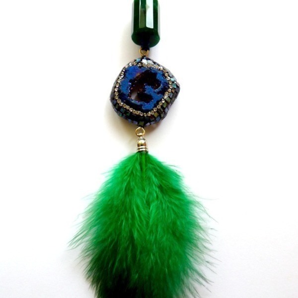κολιέ druzy αχάτης + φτερό ( μπλε / πράσινο) - statement, ημιπολύτιμες πέτρες, αχάτης, handmade, ιδιαίτερο, μοναδικό, φτερό, φτερό, μακρύ, κολιέ, κορδόνια, χειροποίητα - 2