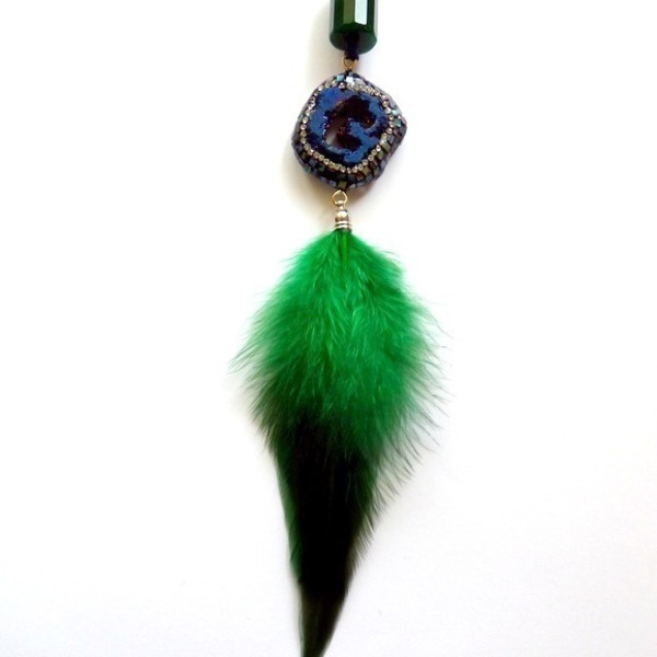 κολιέ druzy αχάτης + φτερό ( μπλε / πράσινο) - statement, ημιπολύτιμες πέτρες, αχάτης, handmade, ιδιαίτερο, μοναδικό, φτερό, φτερό, μακρύ, κολιέ, κορδόνια, χειροποίητα - 3