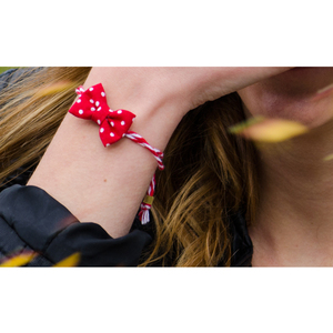March Red Polka Bow - ύφασμα, βαμβάκι, φιόγκος, ιδιαίτερο, γυναικεία, πουά, μάρτης, χειροποίητα, romantic, μαρτάκια - 2