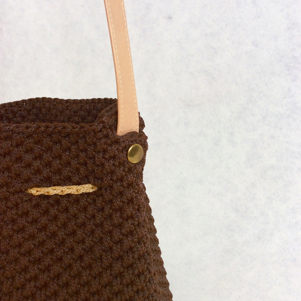 Πουγκί πλεκτό ΜΠΛΕ / ΚΑΦΕ - crochet, κορδόνια, δερματίνη, χάντρες, χιαστί, πλεκτές τσάντες, πουγκί, πουγκί, ώμου, μεγάλες - 5