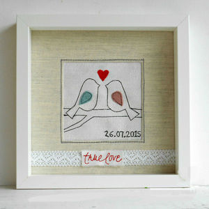 Custom made καδρο/στεφανοθήκη Birds in love - μετάξι, βαμβάκι, κεντητά, δαντέλα, ιδιαίτερο, επιτοίχιο, πουλάκια, πρωτότυπο, χειροποίητα, δώρα γάμου, romantic, personalised, δώρα αγίου βαλεντίνου - 4