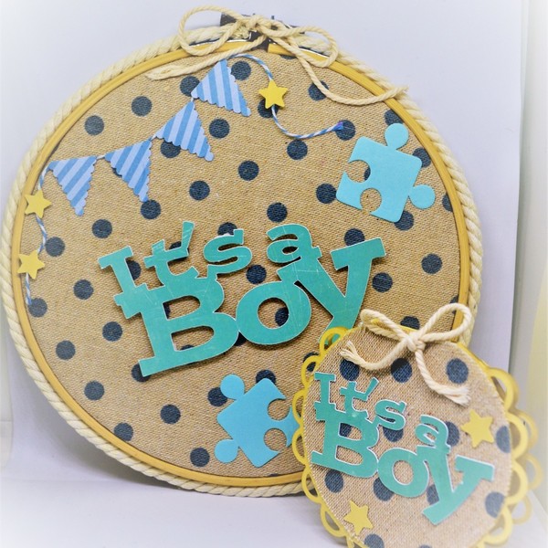 Διακοσμητικό Τελαράκι "It's a boy!" + δώρο καρτούλα - ύφασμα, διακοσμητικό, αγόρι, χαρτί, αστέρι, κορδόνια, χειροποίητα, μαμά, κρεμαστά, για παιδιά - 2