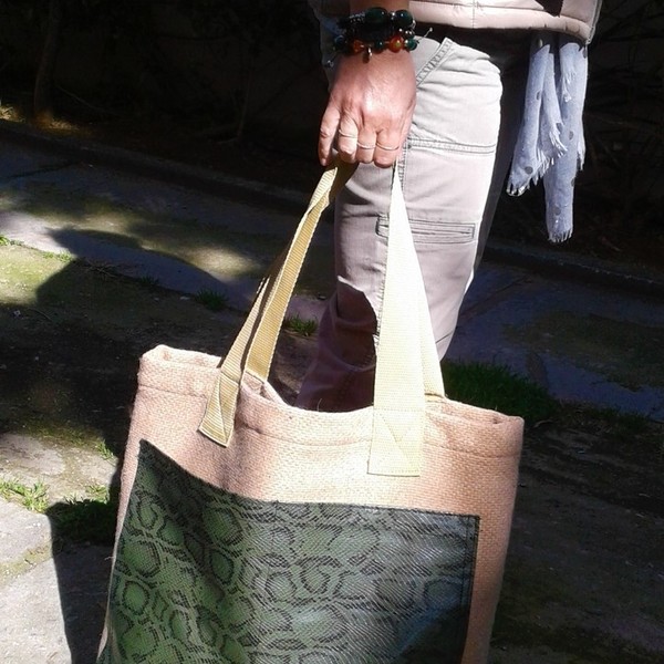 Tote bag από μάλλινο ύφασμα με δύο μεγάλες τσέπες από δερματίνη - μαλλί, animal print, γυναικεία, ώμου, τσάντα, χειροποίητα, μεγάλες, all day, δερματίνη, ethnic, tote, φθηνές - 5