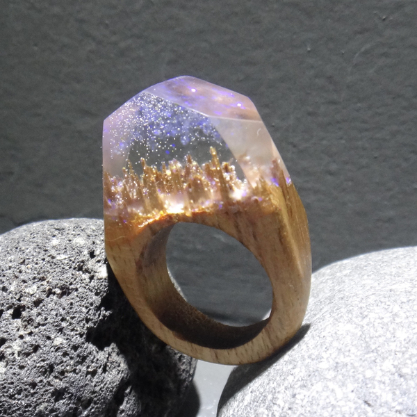 Ξύλινο Δαχτυλίδι “Twilight Forest” (RWR00022D) - statement, ξύλο, ρητίνη, δαχτυλίδι, ξύλινο, κερί, σταθερά, μεγάλα - 2