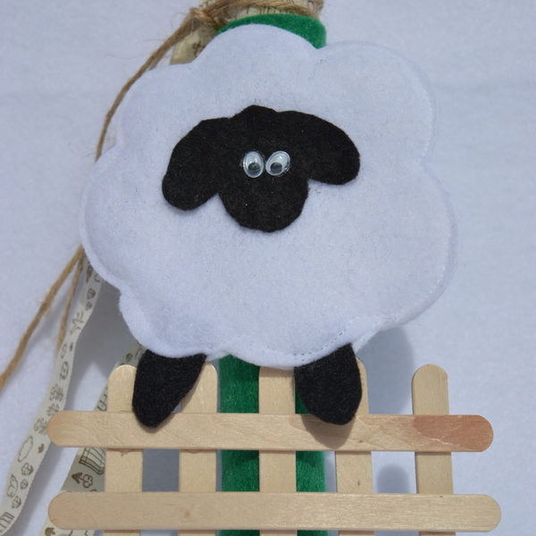 Λαμπάδα πρόβατο - ύφασμα, βαμβάκι, ξύλο, λαμπάδες, βαμβακερές κορδέλες, κερί, για παιδιά - 2