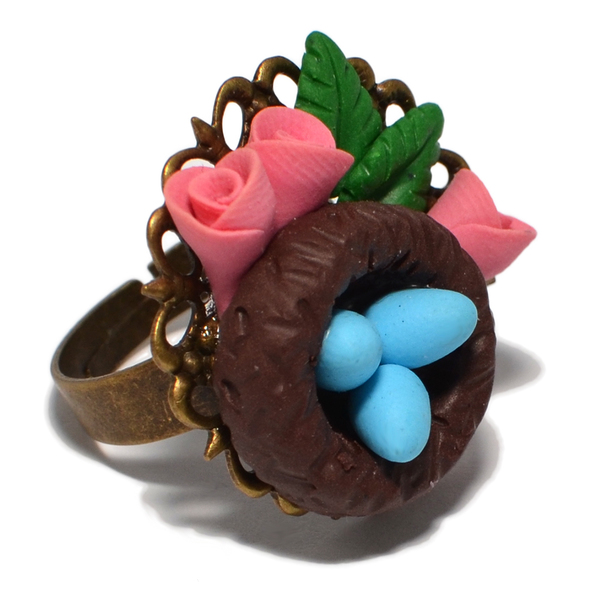Πασχαλινό δαχτυλίδι φωλίτσα με αυγά - τριαντάφυλλο, λουλούδια, αγάπη, πηλός, μέταλλο, πρωτότυπο, δαχτυλίδι, αυγό