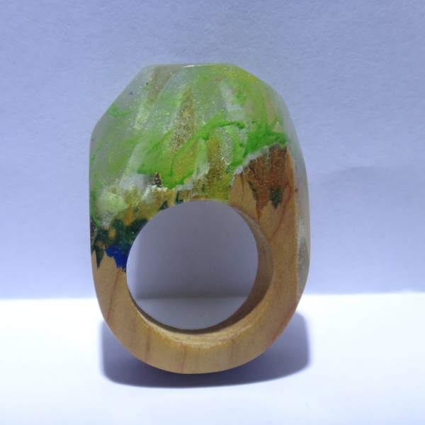 Ξύλινο Δαχτυλίδι ρητίνης “Magic Lake” - statement, ξύλο, ρητίνη, δαχτυλίδι, ξύλινο, κερί, σταθερά, μεγάλα - 2