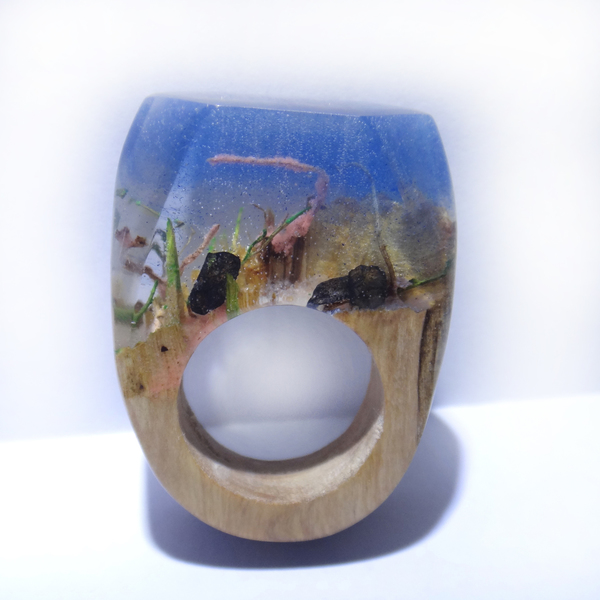 Ξύλινο Δαχτυλίδι ρητίνης “Underwater” - statement, ξύλο, ρητίνη, δαχτυλίδι, ξύλινο, κερί, σταθερά, μεγάλα