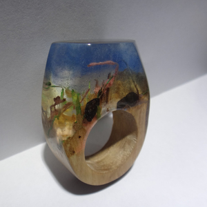 Ξύλινο Δαχτυλίδι ρητίνης “Underwater” - statement, ξύλο, ρητίνη, δαχτυλίδι, ξύλινο, κερί, σταθερά, μεγάλα - 2