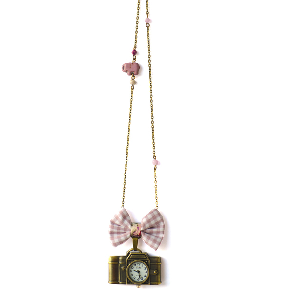 Camera Vintage Clock - ημιπολύτιμες πέτρες, βαμβάκι, φιόγκος, vintage, ιδιαίτερο, νεφρίτης, χαολίτης, μακρύ, ρολόι, μέταλλο, κολιέ, χειροποίητα, romantic, μακριά