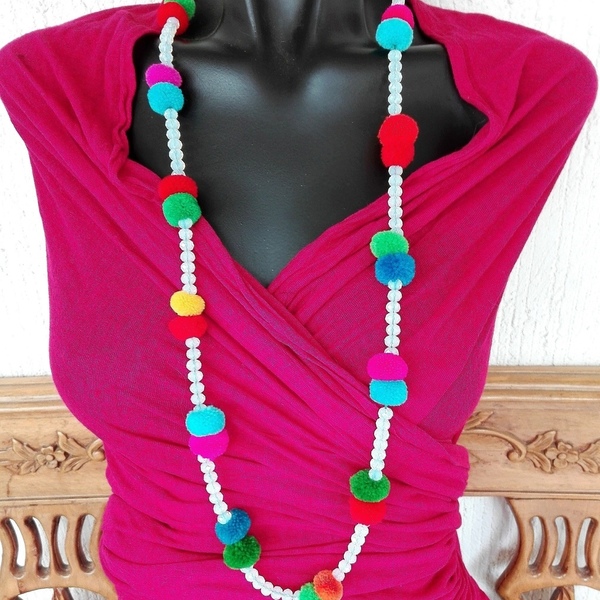 Bohemian style necklace - chic, κρύσταλλα, pom pom, κολιέ, χειροποίητα, elegant, must αξεσουάρ, boho, ethnic - 2