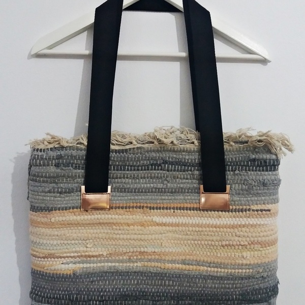NEW!!!Rag rug Bag "Santorini sand" - δέρμα, ιδιαίτερο, γυναικεία, χειροποίητα, δωράκι, must αξεσουάρ, γυναίκα, βαμβακερές κορδέλες, κρεμαστά - 3