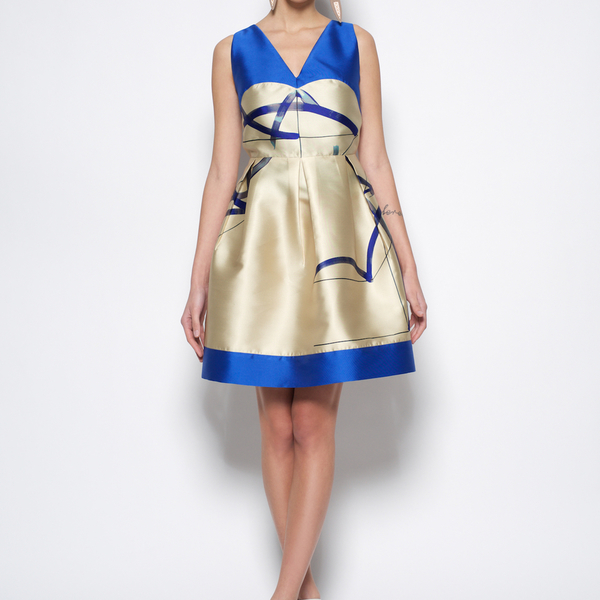 Μίνι φόρεμα με ανοιχτή πλάτη με αφηρημένο μοτίβο (abstract print) από ύφασμα mikado - καλοκαιρινό, πολυεστέρας, mini, αμάνικο, γάμου - βάπτισης