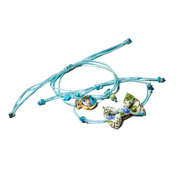 Bow Bracelets Set Blue Marine - ημιπολύτιμες πέτρες, ημιπολύτιμες πέτρες, ύφασμα, βαμβάκι, φιόγκος, charms, κερωμένα κορδόνια, σμάλτος, ψάρι, αιματίτης, κορδόνια, χειροποίητα, φλοράλ, romantic, σετ, αυξομειούμενα, σετ κοσμημάτων