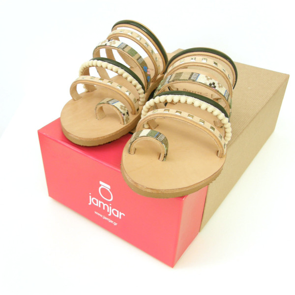Pom Pom Multi strap σανδάλια - δέρμα, κορδέλα, κορδέλα, pom pom, pom pom, σανδάλια, δερμάτινα κορδόνια, boho, ethnic, φλατ, slides - 4