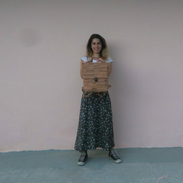 Τσάντα Πλάτης Φελλός "Brown Stripes" - σακίδια πλάτης, χειροποίητα, unique, δώρα για γυναίκες, μοναδικό, γυναικεία, ιδιαίτερο, φελλός, βαμβάκι, ριγέ, minimal, all day, πλάτης, μεγάλες - 2
