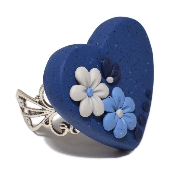 Δώρο για γυναίκα δαχτυλίδι καρδιά σε αποχρώσεις του μπλε - καρδιά, δώρο, αγάπη, πηλός, μέταλλο, δαχτυλίδι, χειροποίητα, γυναίκα