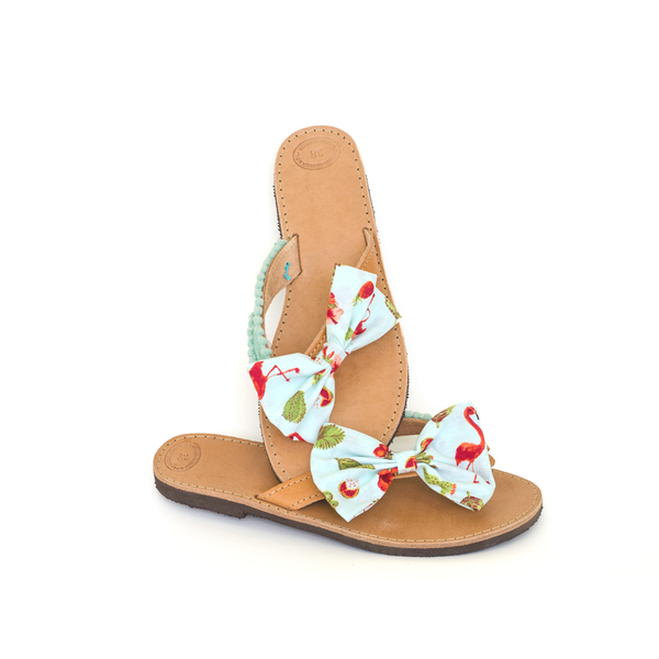 Flamingo Sandals - δέρμα, βαμβάκι, φιόγκος, chic, δαντέλα, καλοκαιρινό, ιδιαίτερο, μοντέρνο, ταμπά, pom pom, σανδάλια δερμάτινα, χειροποίητα, romantic, φλατ, διχαλωτά