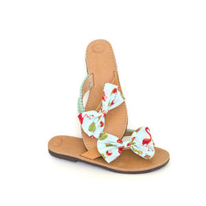 Flamingo Sandals - δέρμα, βαμβάκι, φιόγκος, chic, δαντέλα, καλοκαιρινό, ιδιαίτερο, μοντέρνο, pom pom, χειροποίητα, romantic, στυλ φιόγκος, φλατ, διχαλωτά