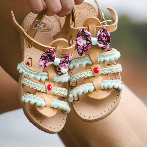 Amaryllis Baby Sandals - δέρμα, βαμβάκι, φιόγκος, chic, δαντέλα, ιδιαίτερο, μοντέρνο, pom pom, σανδάλια, χειροποίητα, φλοράλ, romantic, στυλ φιόγκος, φλατ - 2