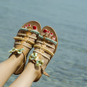 Pineapple Sandals - δέρμα, βαμβάκι, φιόγκος, chic, δαντέλα, καλοκαιρινό, μοντέρνο, pom pom, χειροποίητα, romantic, gladiator, φλατ - 2