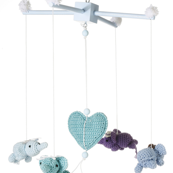 Kρεμαστό κούνιας με ξύλινο σκελετό και πλεκτά παιχνίδια- Baby Mobile Blue Elephants - βαμβάκι, ξύλο, καρδιά, αγόρι, crochet, δώρα για βάπτιση, ελεφαντάκι, μόμπιλε, βρεφικά