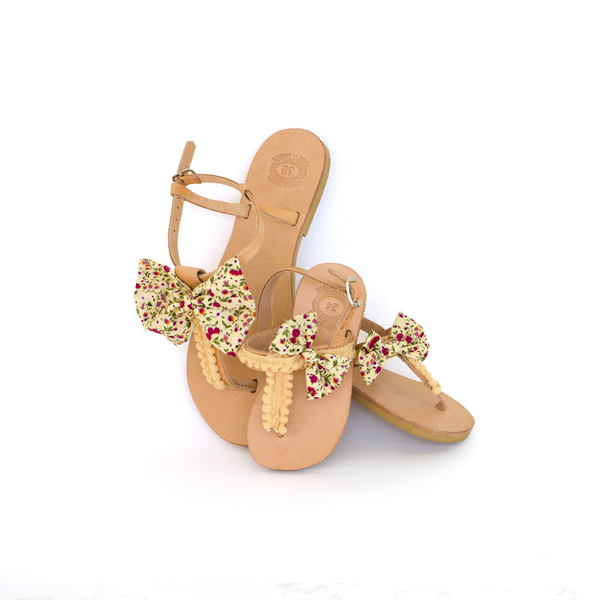 Buttercup Sandals Σετ Mother & Daughter (Ειδική Τιμή) - δέρμα, βαμβάκι, φιόγκος, chic, μοντέρνο, πέδιλα, pom pom, σανδάλια, χειροποίητα, φλοράλ, romantic, σετ, φλατ, μαμά και κόρη, για παιδιά, ankle strap, διχαλωτά