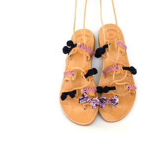 Azalea Sandals - δέρμα, δέρμα, βαμβάκι, φιόγκος, chic, ιδιαίτερο, μοντέρνο, κορδόνια, χειροποίητα, εντυπωσιακά, φλοράλ, romantic, στυλ φιόγκος, gladiator, φλατ