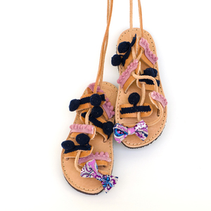 Azalea Baby Sandals - δέρμα, βαμβάκι, φιόγκος, chic, ιδιαίτερο, μοντέρνο, σανδάλι, pom pom, κορδόνια, χειροποίητα, φλοράλ, romantic, gladiator, φλατ, για παιδιά